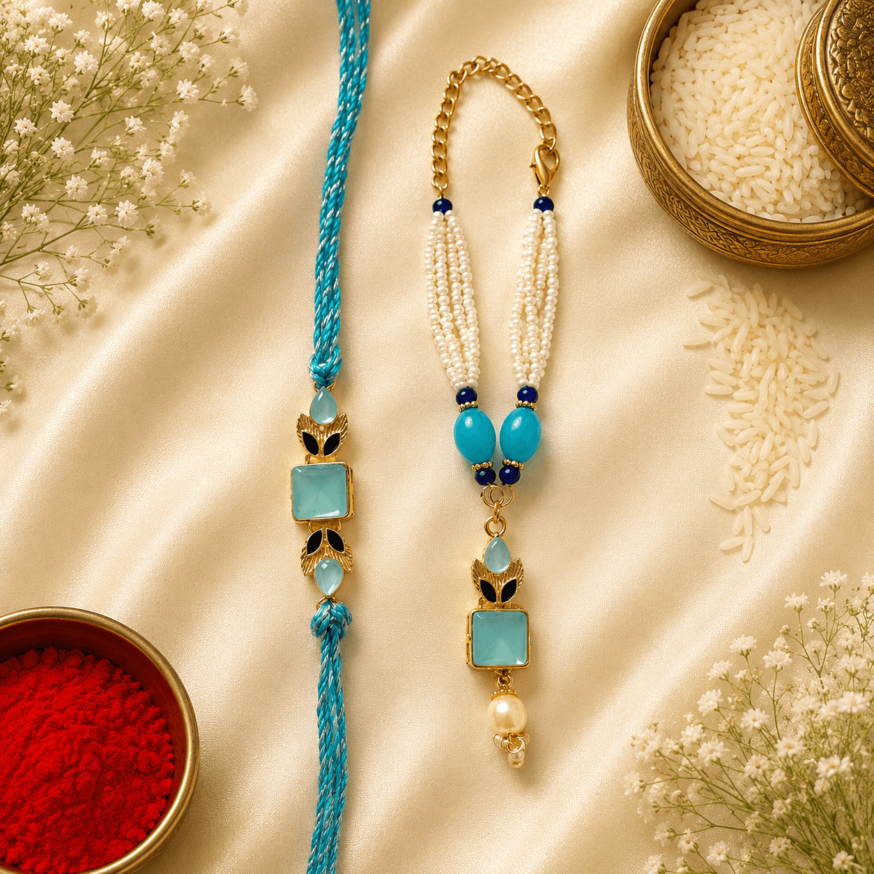 Aqua Square Stone Bhaiya Bhabhi Rakhi Set