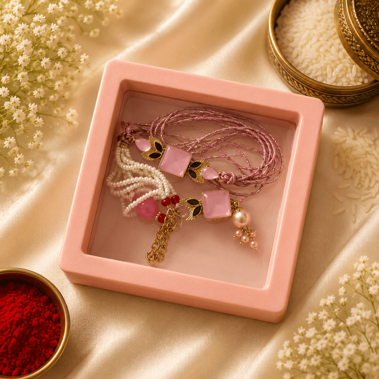 Blush Square Stone Bhaiya Bhabhi Rakhi Set