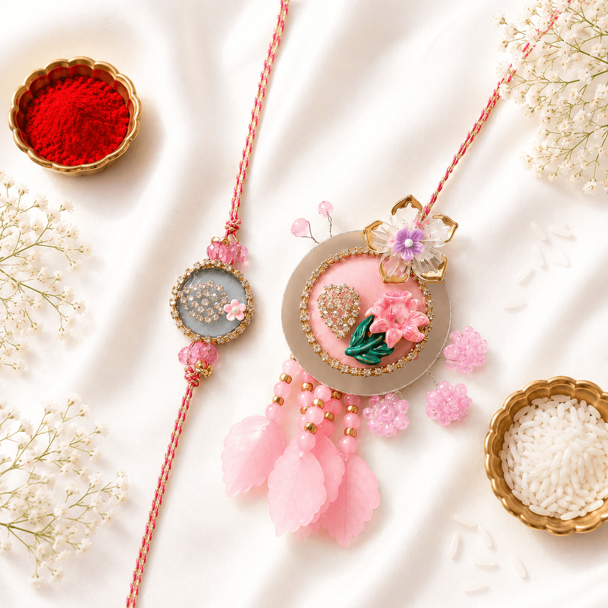 Rose Pearl Dial Bhaiya Bhabhi Rakhi Set