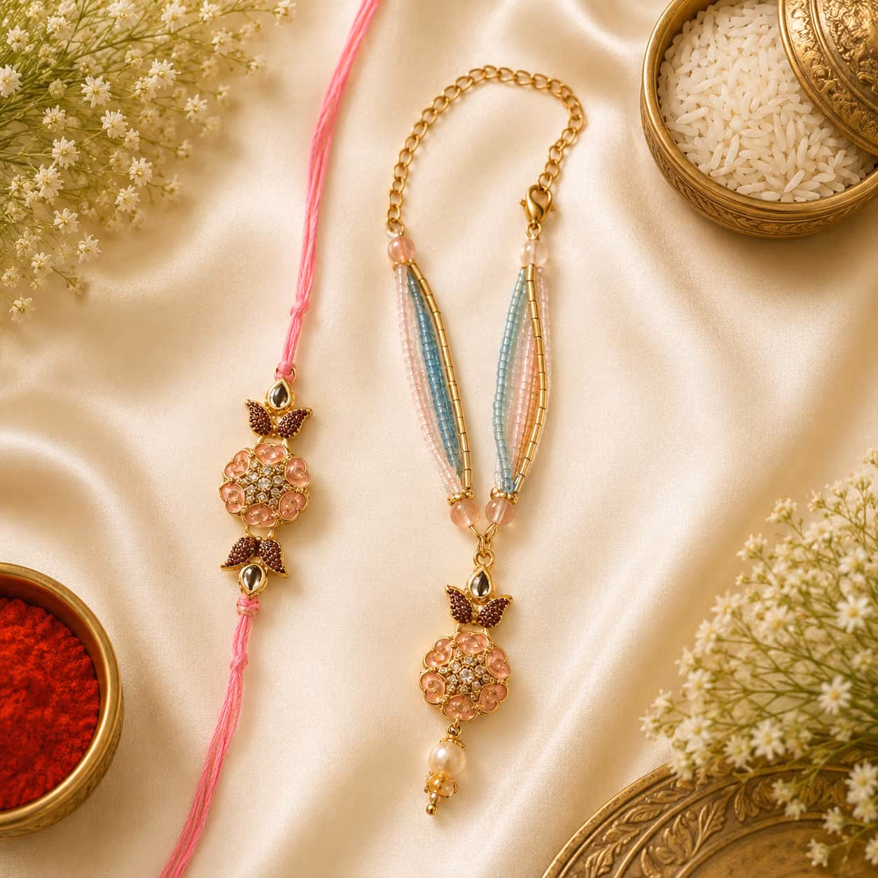 Pink Blossom Bhaiya Bhabhi Rakhi Set