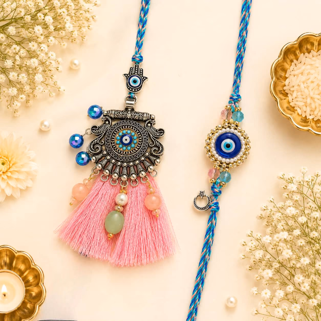 Evil Eye Tassel Bhaiya Bhabhi Rakhi Set
