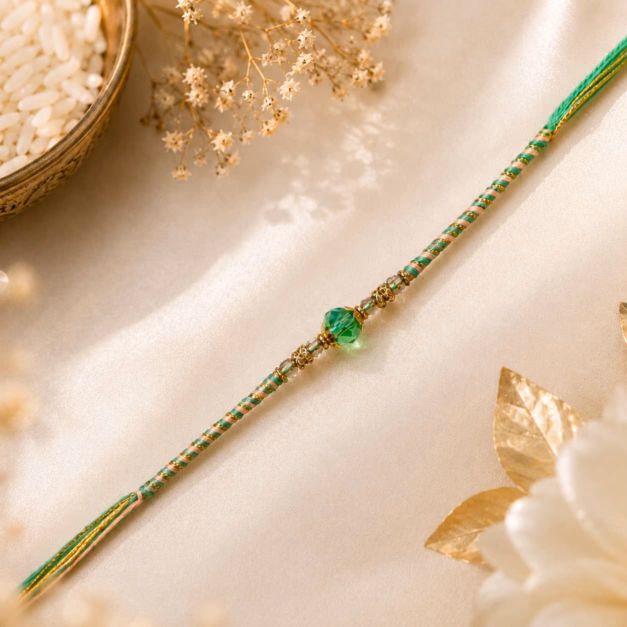 Emerald Crystal Minimal Rakhi (Green Thread)