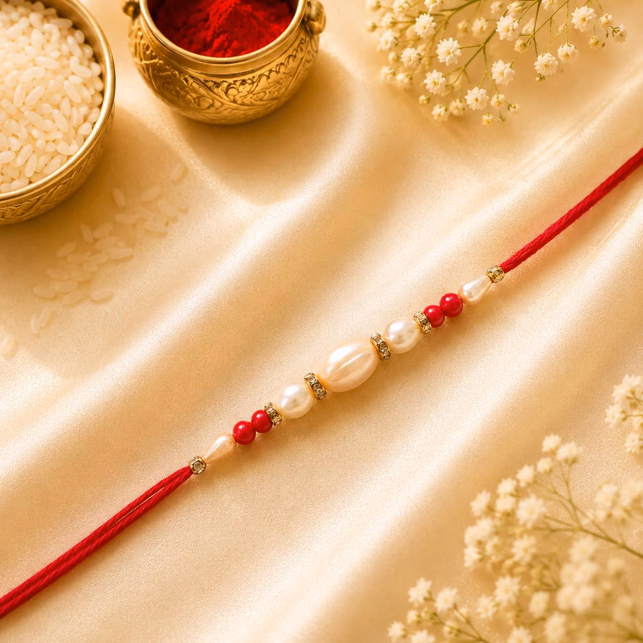 Ruby Pearl Oval Minimal Rakhi (Red Thread)