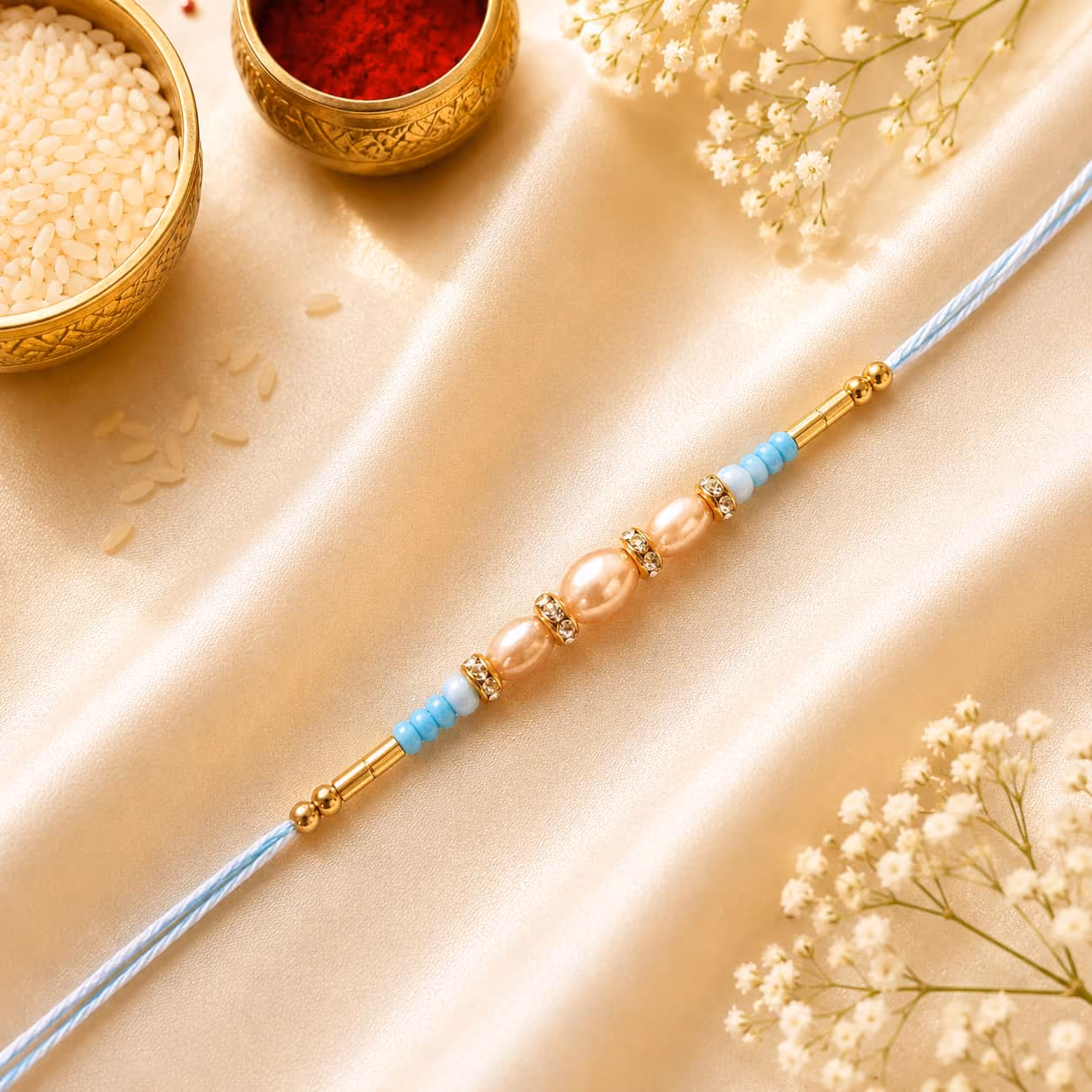 Peach Pearl Minimal Rakhi (Blue Thread)