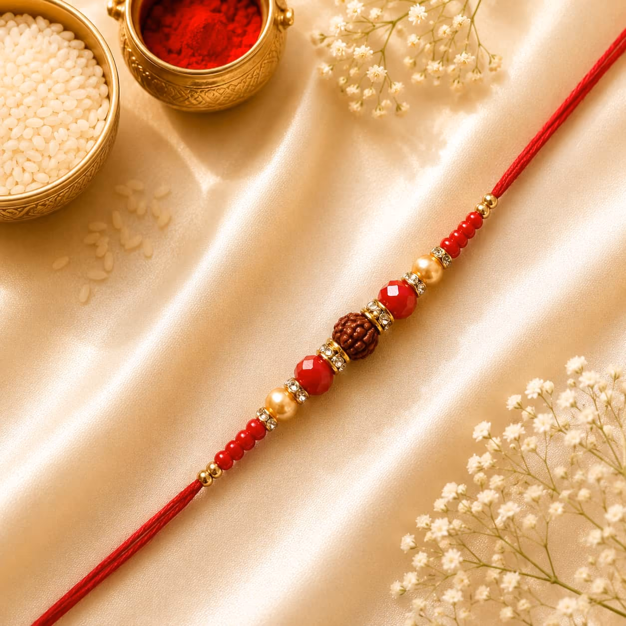 Peach Pearl Minimal Rakhi (Red Thread)