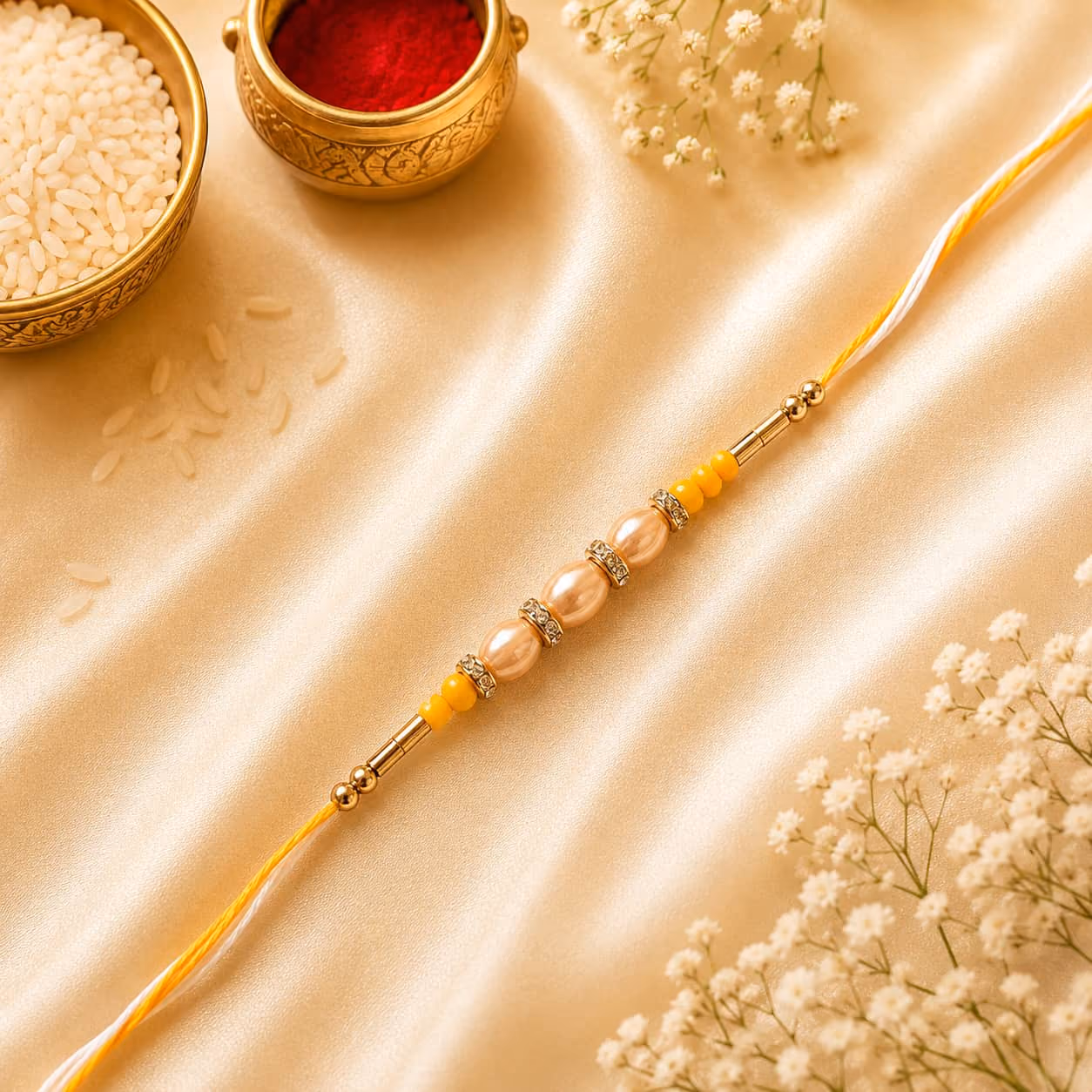 Peach Pearl Minimal Rakhi (Yellow White Thread)