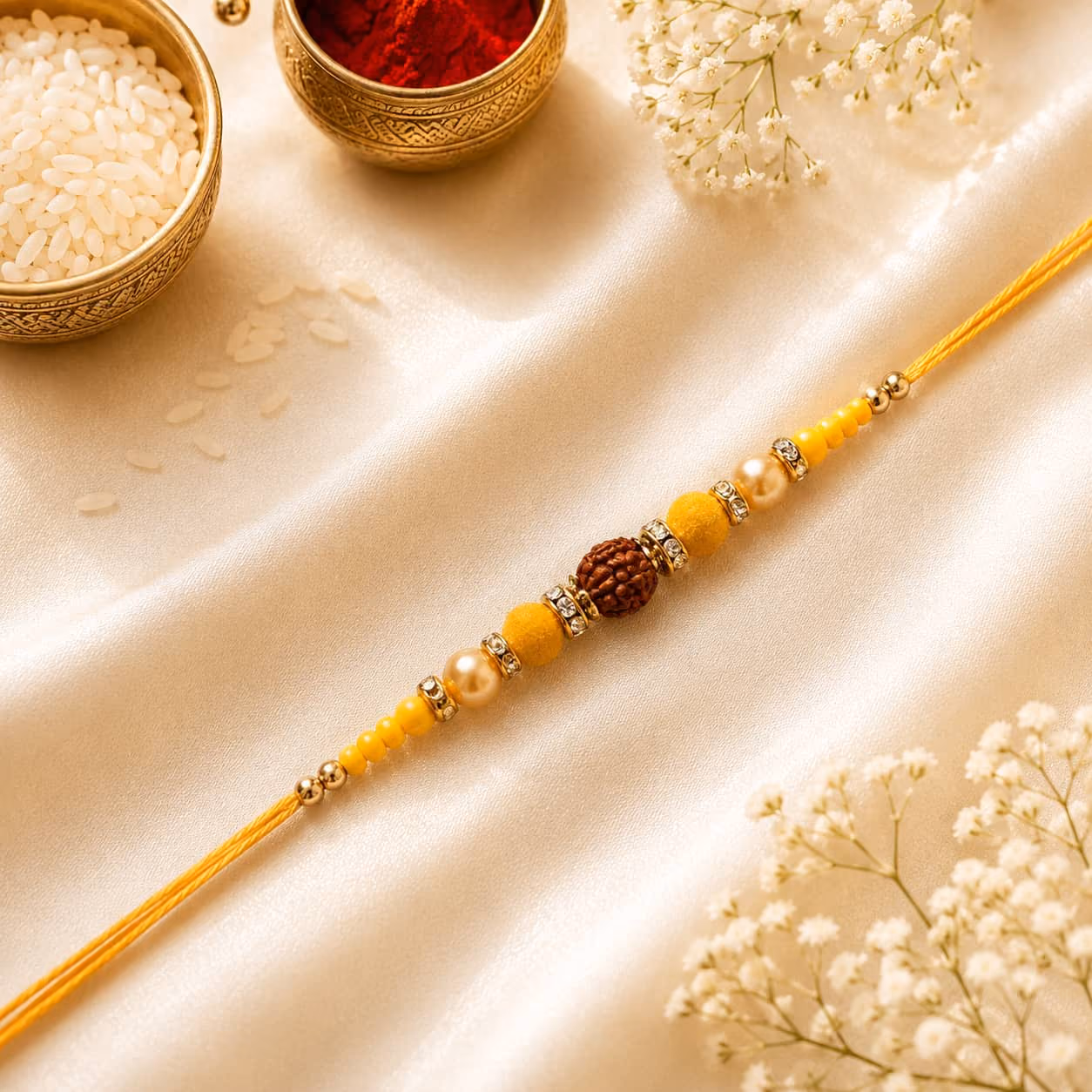 Peach Pearl Minimal Rakhi (Yellow Thread)
