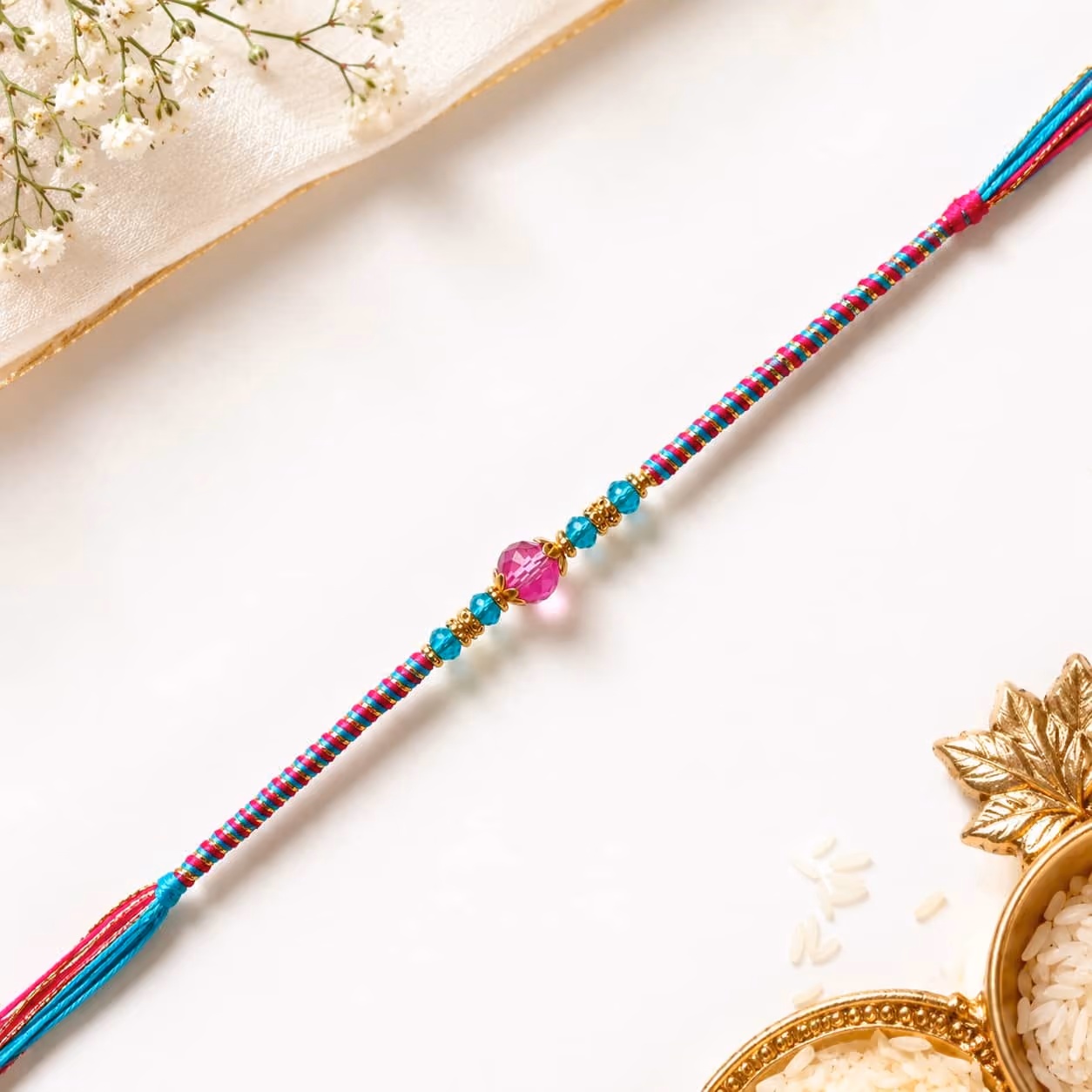 Rose Crystal Minimal Rakhi (Pink Thread)